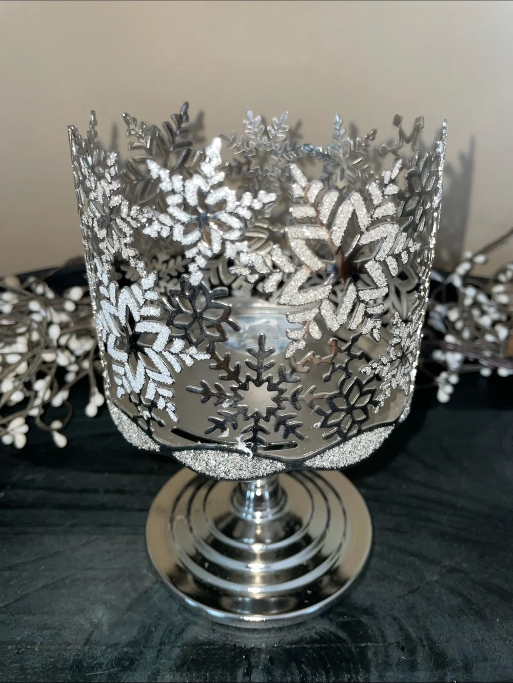 Bath & Body Works Pedestal Silver Snowflake Metallic 3 Wick Candle Holder